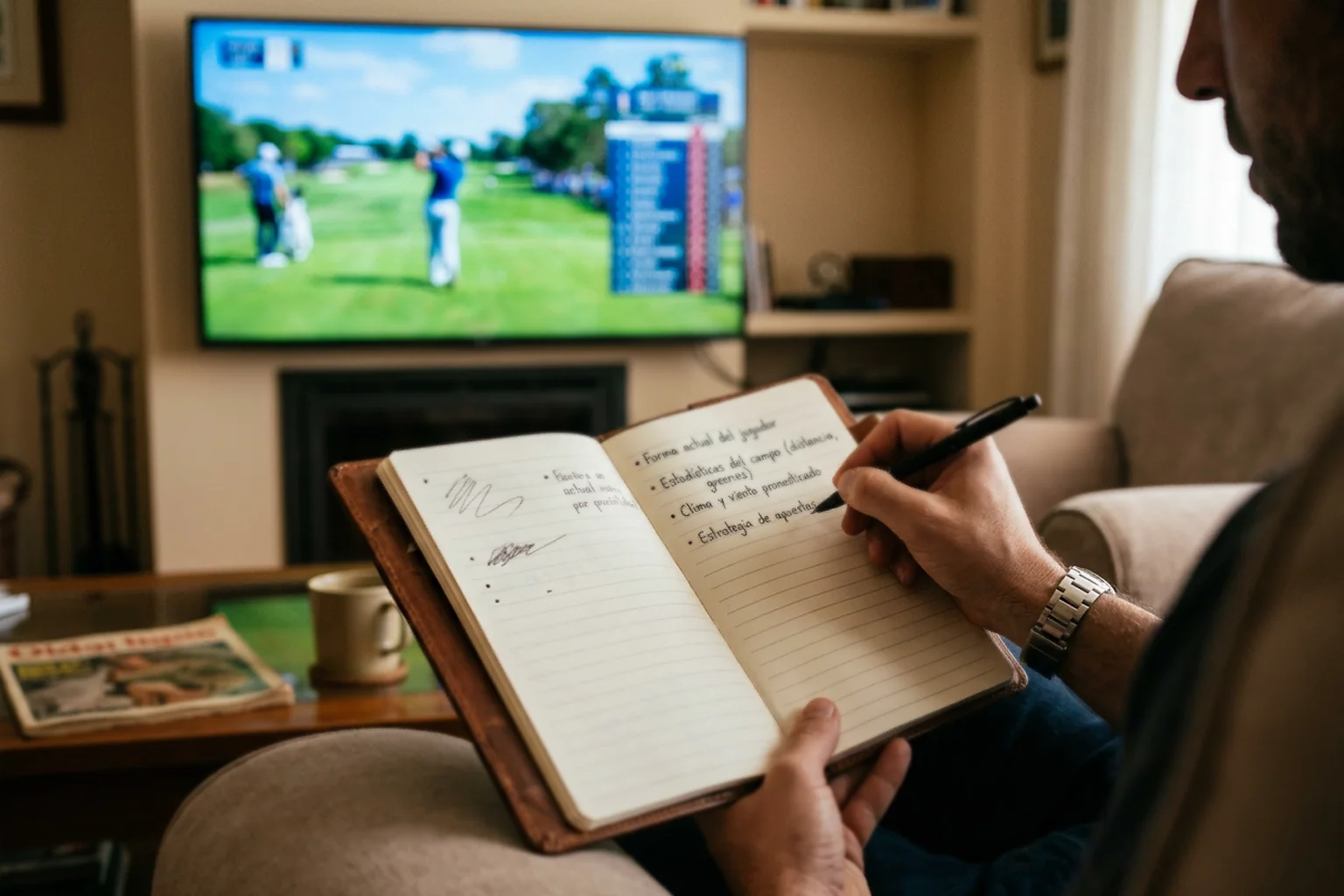 Persona tomando notas mientras analiza un torneo de golf en television