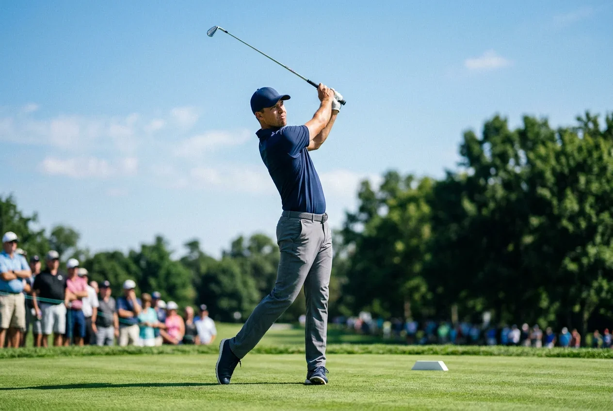 Golfista profesional ejecutando un swing durante competicion oficial