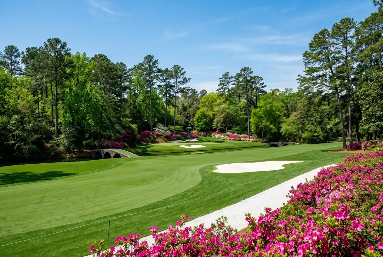 Campo de golf Augusta National durante el Masters con banderas y galeria
